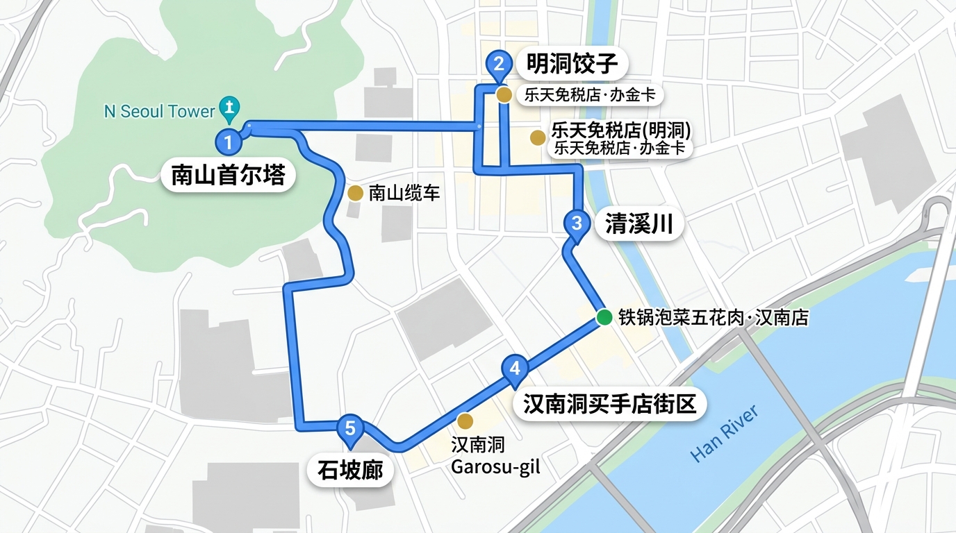 D1 路线：酒店 → 明洞饺子 → 汉南洞购物（可选）→ 石坡廊晚宴 → 清溪川夜灯（酒店旁） ｜ 换钱已完成，直接开逛