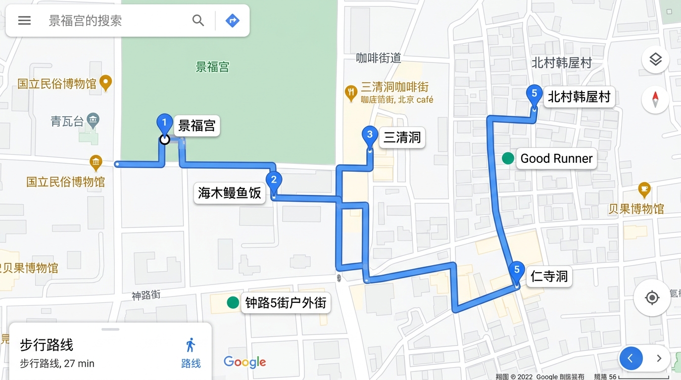 D2 路线：景福宫 → 海木 → 三清洞 → 北村韩屋村 → 仁寺洞 ｜ 全天步行约 3km