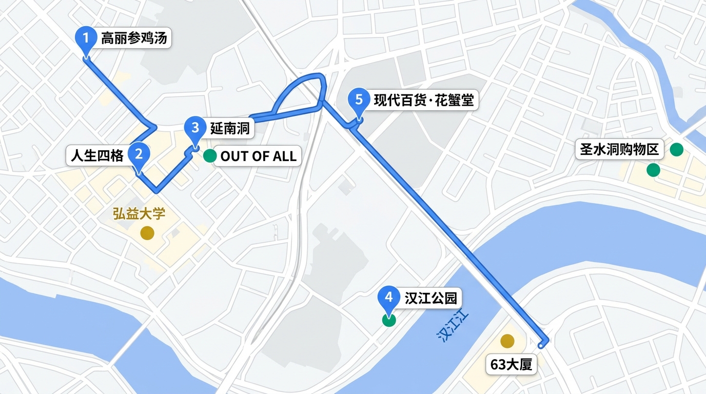 D3 路线：参鸡汤 → 弘大延南洞 → 圣水洞购物 → 花蟹堂 ｜ 15:00后零折返