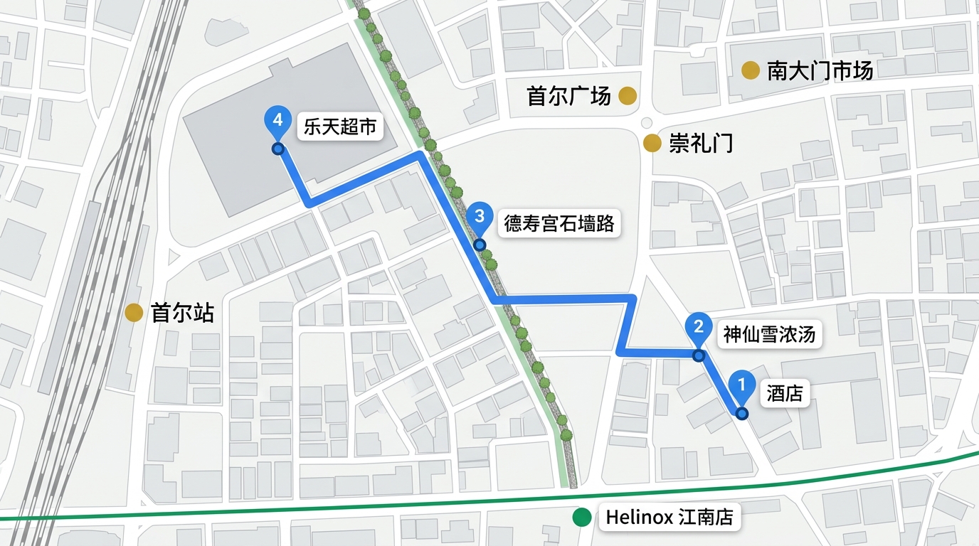 D4 路线：雪浓汤 → 德寿宫石墙路 → 乐天超市 → 机场 ｜ 步行约 2.5km